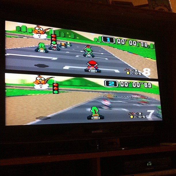 Playing MarioKart with Danielle on the SNES. Still so much fun. (Taken